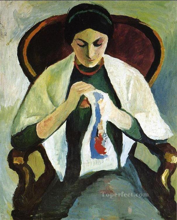 Mujer bordando en un sillón Retrato de la esposa del artista expresionista Pintura al óleo